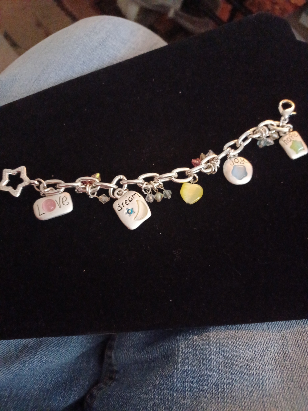 Silver Tone Charm Bracelet with Love, Dream & Joy Charms - Multicolor Accents 7"